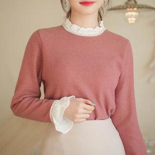 Frill-neck Crochet-trim Knit Top