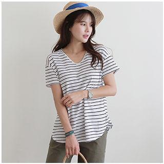 V-neck Striped Linen Blend Top