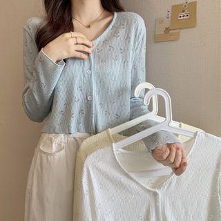 Long-sleeve V-neck Pointelle-knit Top