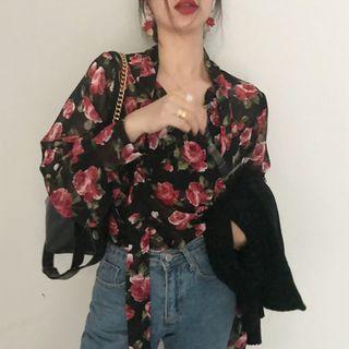 Flower Print Lantern-sleeve Chiffon Shirt