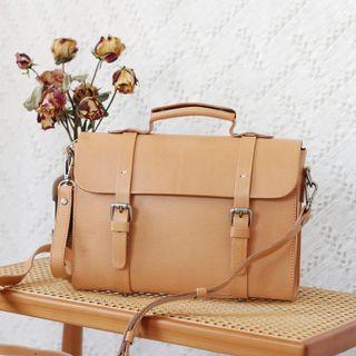 Genuine Leather Buckled Crossbody Satchel Yellow Brown - One Size