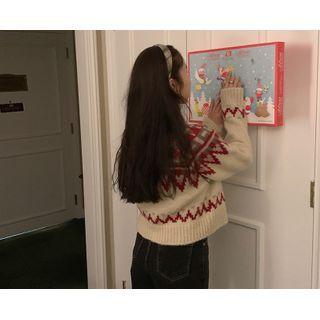 [dearest] Raglan-sleeve Patterned Cardigan (red) One Size