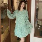 Bubble Long-sleeve Floral Dress Green - One Size
