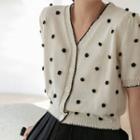 V-neck Dotted Printed Knitted Short-sleeve Crop Top White - One Size