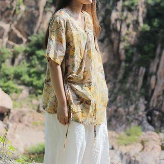 Elbow-sleeve  Frog-buttoned Printed Top As Shown In Figure - One Size