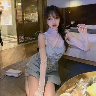 Mesh Cold-shoulder Top / Spaghetti Strap Shirred Mini Sheath Dress