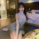 Mesh Cold-shoulder Top / Spaghetti Strap Shirred Mini Sheath Dress