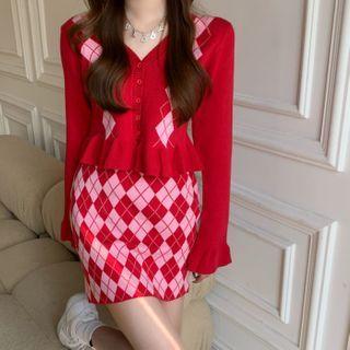 Argyle Cardigan / Knit Mini Skirt
