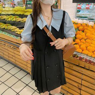 Short-sleeve Plain Blouse / Sleeveless Double Breasted Mini Dress