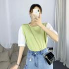 Mock Two-piece Puff-sleeve Color Block T-shirt