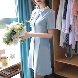 Beribboned Short-sleeve Faux-pearl Shirtdress