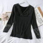 Fleece-lined Lace-panel V-neck Blouse Black - One Size