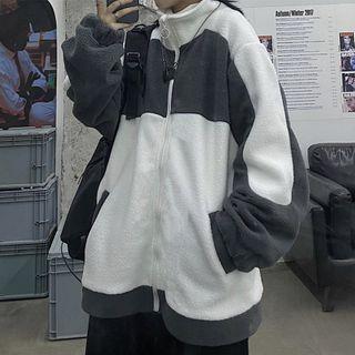 Two-tone Stand-collar Fleece Zip-up Jacket
