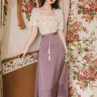 Set: Short-sleeve Lace Blouse + Tasseled Midi A-line Skirt
