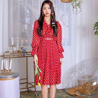 Long-sleeve Polka Dot Midi Pleated Dress