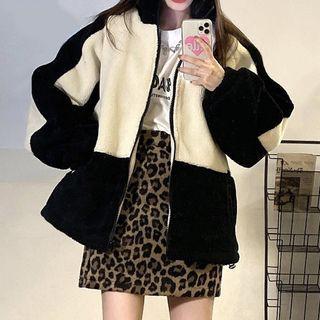 Two Tone Fleece Zip Jacket Black & White - One Size