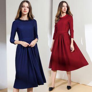 3/4 Sleeve Shirred Midi Dress