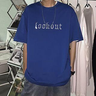 Elbow Sleeve Rhinestone Lettering Tee