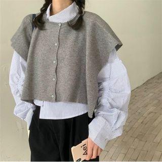 Striped Long-sleeve Shirt / Plain Crop Knit Vest