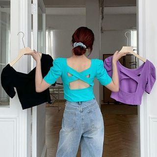 Short-sleeve Plain Cross Back Top