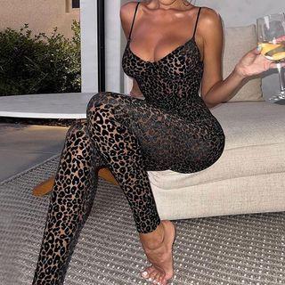 Spaghetti Strap Leopard Print Mesh Fitted Jumpsuit