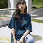 Short-sleeve Print T-shirt Tangerine & Navy Blue - One Size