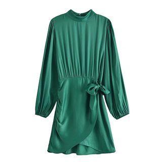 Long-sleeve Sashed Satin Mini A-line Dress