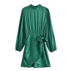 Long-sleeve Sashed Satin Mini A-line Dress