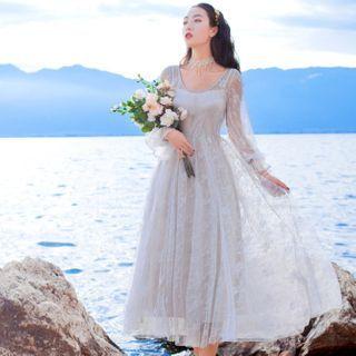 Long-sleeve Lace Midi A-line Dress With Slipdress