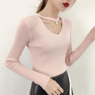 Beaded Cutout Plain Sweater