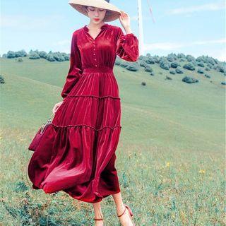 Long-sleeve Tiered A-line Midi Velvet Dress