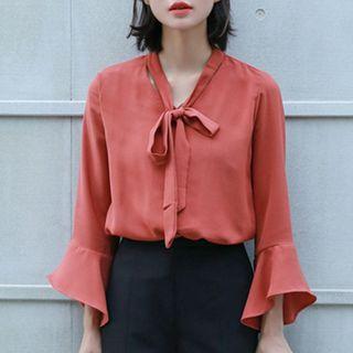 Bell-sleeve Chiffon Blouse Brick Red - One Size