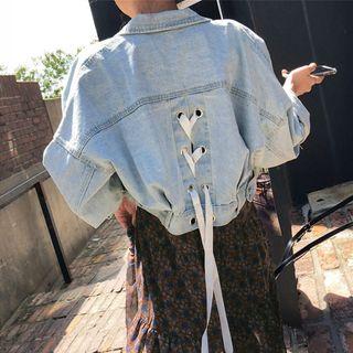Lace Up Cropped Denim Jacket Denim Blue - One Size