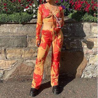 Set: Printed Long-sleeve Cut-out Cropped Top + Printed High-waist Pants