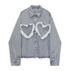 Frill Trim Heart Patch Denim Shirt Jacket