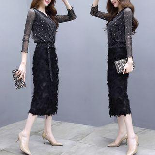 Set: Sequined Long-sleeve Mesh Top + Fringed Trim Midi A-line Skirt