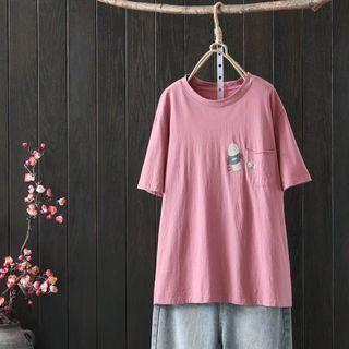 Short Sleeve Cartoon Print Pocket T-shirt