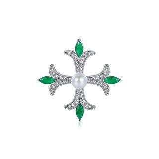 Simple And Elegant Pattern Cross Imitation Pearl Brooch With Cubic Zirconia Silver - One Size