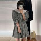 Bell-sleeve Collar Gingham Mini Dress