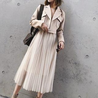 Set: Belted Cropped Jacket + Sleeveless Mesh Midi Dress