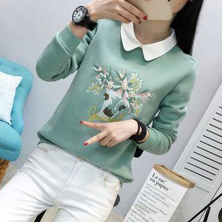 Mock Two-piece Flower Embroidered Pullover
