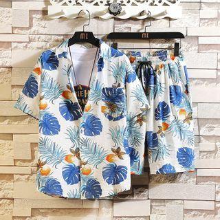Printed Short-sleeve Shirt / Drawstring-waist Shorts / Set