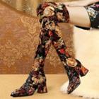 Floral Print Chunky Heel Tall Boots