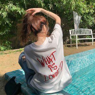 Elbow-sleeve Lettering Embroidered T-shirt White - One Size