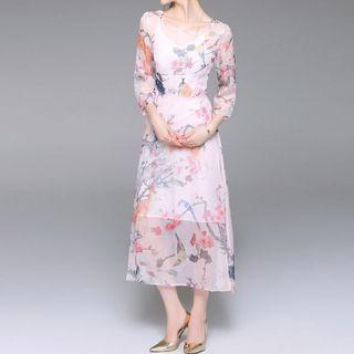 Deer Print 3/4-sleeve A-line Chiffon Dress