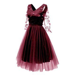 Elbow-sleeve A-line Mesh Cocktail Dress