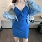 Spaghetti Strap Knot-front Mini Bodycon Dress / Long-sleeve Sheer Shirt