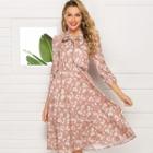 3/4-sleeve Floral Printed Bow Accent Dress