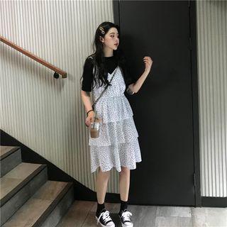 Dotted Strappy Tiered Chiffon Dress