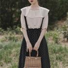 Set: Elbow-sleeve Wide Collar Blouse + Dotted Midi A-line Skirt